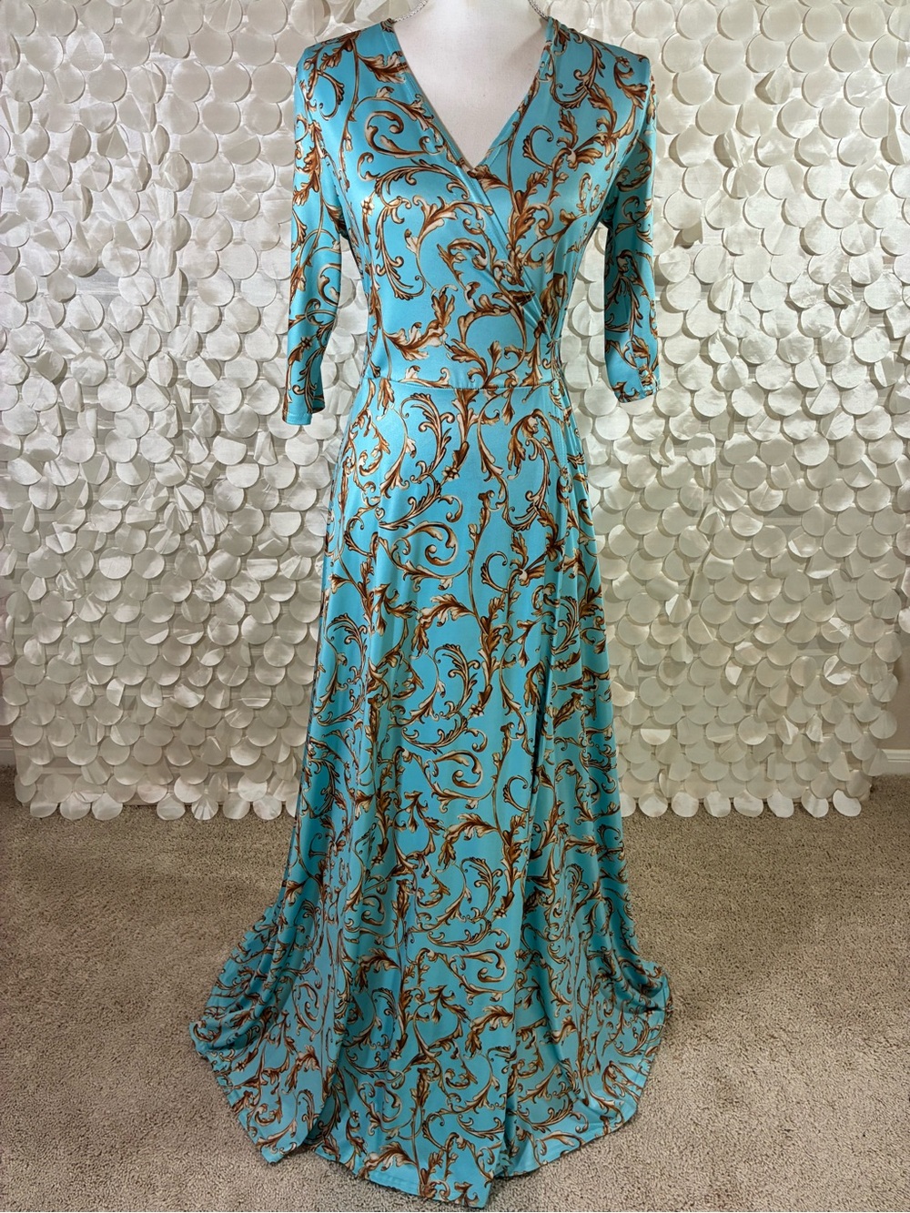 Turquoise & Brown Baroque Print Maxi Dress - 3/4 Sleeve V-Neck Small